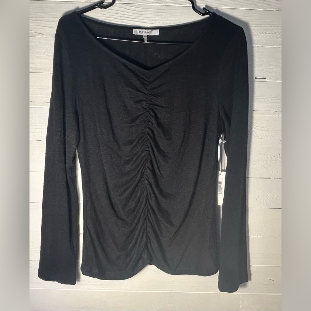 NWT Frame Linen black long sleeve shirt, ruched center. Womens size medium. - Picture 2 of 7